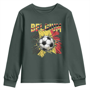 Belgium Belgian Flag Souvenir Belgie Youth Sweatshirt Game Day Soccer Fans Football TS14 Dark Forest Green Print Your Wear