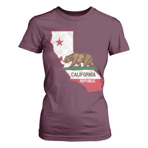 California Republic Cali Map Flag Distressed Style T Shirt For Women TS14 Maroon Print Your Wear