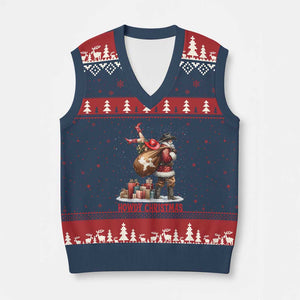 Cowboy Santa Xmas V-Neck Knit Sweater Vest Funny Western Xmas TS14 Navy Red Print Your Wear