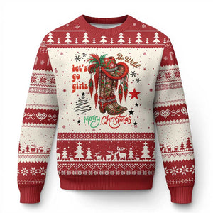 Let Us Go Girls Ugly Christmas Sweater Xmas Cowgirl Boots TS14 Beige Red Print Your Wear
