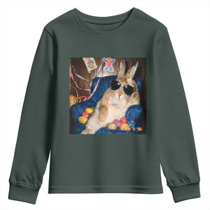 Funny Easter Bunny Sunglasses Graphic Youth Sweatshirt TS14 Dark Forest Green Print Your Wear
