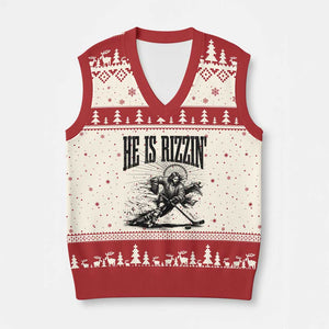 Funny Jesus Hockey V-Neck Knit Sweater Vest He Is Rizzin' TS14 Beige Red Print Your Wear