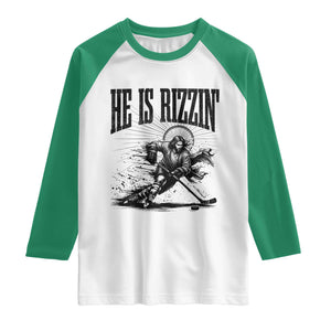 Funny Jesus Hockey Raglan Shirt He Is Rizzin' TS14 White Kelly Green Print Your Wear