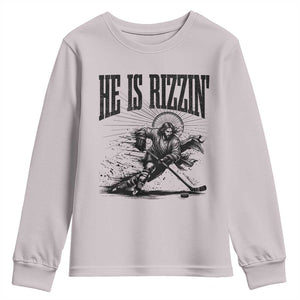 Funny Jesus Hockey Youth Sweatshirt He Is Rizzin' TS14 Ice Gray Print Your Wear