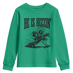 Funny Jesus Hockey Youth Sweatshirt He Is Rizzin' TS14 Irish Green Print Your Wear