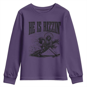 Funny Jesus Hockey Youth Sweatshirt He Is Rizzin' TS14 Purple Print Your Wear