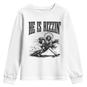 Funny Jesus Hockey Youth Sweatshirt He Is Rizzin' TS14 White Print Your Wear