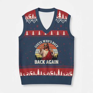Funny Jesus Easter V-Neck Knit Sweater Vest Guess Who's Back? Back Again Easter TS14 Navy Red Print Your Wear