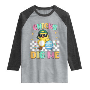 Chicks Dig Me Raglan Shirt Funny Easter Chick TS14 Heather Gray Heather Charcoal Print Your Wear