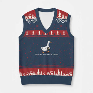 Jesus Thinks I'm A Delight V-Neck Knit Sweater Vest Funny Christian Goose Sarcastic TS14 Navy Red Print Your Wear