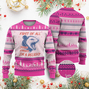 First of All Jesus Thinks I'm A Delight Ugly Christmas Sweater Funny Opossum Christian TS14 Hot Pink Print Your Wear