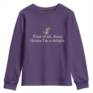 Jesus Thinks I'm A Delight Youth Sweatshirt Funny Christian Raccoon Sarcastic TS14 Purple Print Your Wear