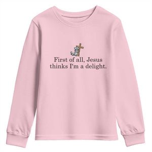 Funny Christian Raccoon Youth Sweatshirt Sarcastic Jesus Thinks I'm A Delight TS14 Light Pink Print Your Wear