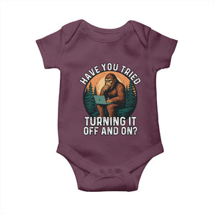 Funny Bigfoot Tech Support Baby Onesie Have You Tried Turning It Off And On Sasquatsch Computer TS14 Maroon Print Your Wear