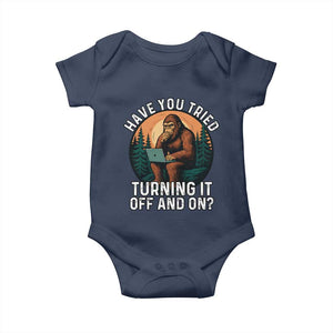 Funny Bigfoot Tech Support Baby Onesie Have You Tried Turning It Off And On Sasquatsch Computer TS14 Navy Print Your Wear