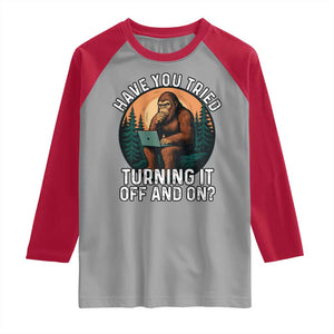 Funny Bigfoot Tech Support Raglan Shirt Have You Tried Turning It Off And On Sasquatsch Computer TS14 Sport Gray Red Print Your Wear