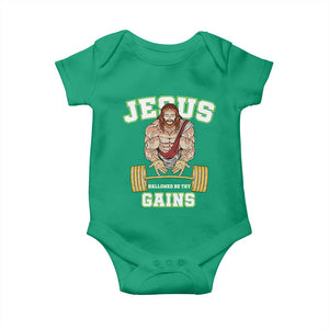 Funny Jesus Gym Baby Onesie Hallowed Be Thy Gains TS14 Irish Green Print Your Wear