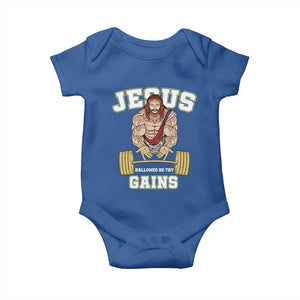 Funny Jesus Gym Baby Onesie Hallowed Be Thy Gains TS14 Royal Blue Print Your Wear