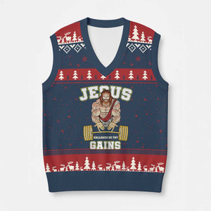 Funny Jesus Gym V-Neck Knit Sweater Vest Hallowed Be Thy Gains TS14 Navy Red Print Your Wear