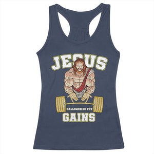 Funny Jesus Gym Racerback Tank Top Hallowed Be Thy Gains TS14 Navy Print Your Wear
