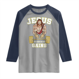 Funny Jesus Gym Raglan Shirt Hallowed Be Thy Gains TS14 Sport Gray Navy Print Your Wear
