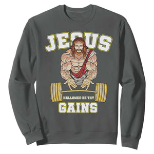 Funny Jesus Gym Sweatshirt Hallowed Be Thy Gains TS14 Dark Heather Print Your Wear