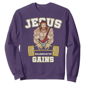 Funny Jesus Gym Sweatshirt Hallowed Be Thy Gains TS14 Purple Print Your Wear