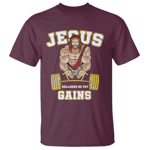 Funny Jesus Gym T Shirt Hallowed Be Thy Gains TS14 Maroon Print Your Wear