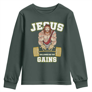 Funny Jesus Gym Youth Sweatshirt Hallowed Be Thy Gains TS14 Dark Forest Green Print Your Wear