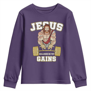 Funny Jesus Gym Youth Sweatshirt Hallowed Be Thy Gains TS14 Purple Print Your Wear