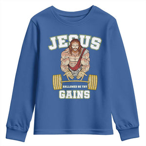 Funny Jesus Gym Youth Sweatshirt Hallowed Be Thy Gains TS14 Royal Blue Print Your Wear