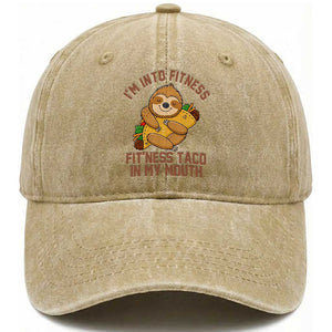 Funny Sloth Taco Gym Washed Cotton Baseball Cap I'm Into Fitness Taco In My Mouth TS14 Washed Cap Universal Fit Khaki Print Your Wear