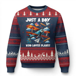 Funny Pilot Airplane Lovers Ugly Christmas Sweater Just A Boy Who Loves Planes TS14 Navy Red Print Your Wear