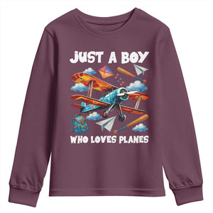 Funny Pilot Airplane Lovers Youth Sweatshirt Just A Boy Who Loves Planes TS14 Maroon Print Your Wear