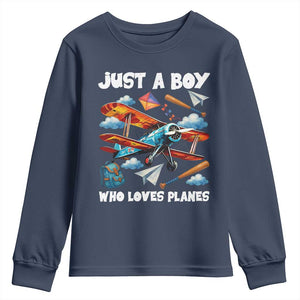 Funny Pilot Airplane Lovers Youth Sweatshirt Just A Boy Who Loves Planes TS14 Navy Print Your Wear