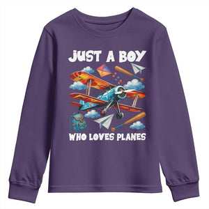 Funny Pilot Airplane Lovers Youth Sweatshirt Just A Boy Who Loves Planes TS14 Purple Print Your Wear