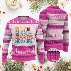 RV Camping Caravan Motorhome Ugly Christmas Sweater Just Here For The Hookups TS14 Hot Pink Print Your Wear