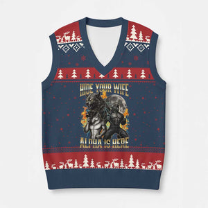 Hide Your Wife The Alpha is Here V-Neck Knit Sweater Vest Cringe Werewolf Alpha Meme Humor TS14 Navy Red Print Your Wear