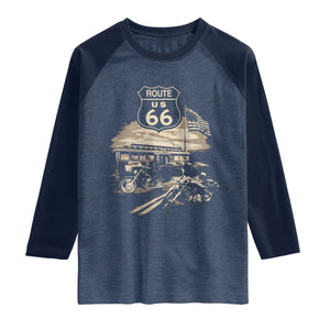 Route Highway 66 100 Year Centennial Motorcycle Americana Road Sign Raglan Shirt TS14 Heather Denim Navy Print Your Wear
