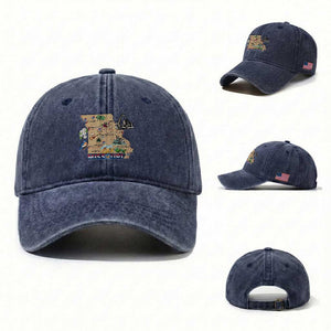 Missouri Map Landmarks Major Cities Roads Flag Washed Cotton Baseball Cap