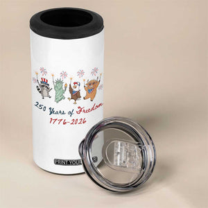 250 Years Of Freedom 4 in 1 Can Cooler Tumbler Patriotic Doodle America Raccoon Goose Highland Cow 4th of July TS14 Print Your Wear