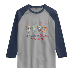 250 Years Of Freedom Raglan Shirt Patriotic Doodle America Raccoon Goose Highland Cow 4th of July
