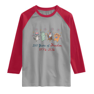 250 Years Of Freedom Raglan Shirt Patriotic Doodle America Raccoon Goose Highland Cow 4th of July