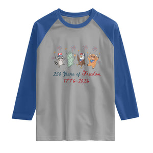 250 Years Of Freedom Raglan Shirt Patriotic Doodle America Raccoon Goose Highland Cow 4th of July