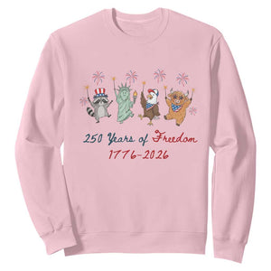 250 Years Of Freedom Sweatshirt Patriotic Doodle America Raccoon Goose Highland Cow 4th of July