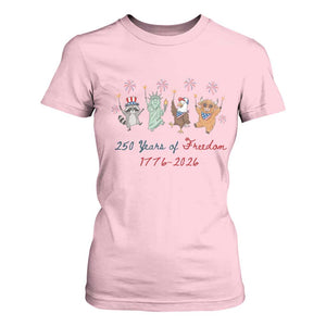 250 Years Of Freedom T Shirt For Women Patriotic Doodle America Raccoon Goose Highland Cow 4th of July TS14 Light Pink Print Your Wear