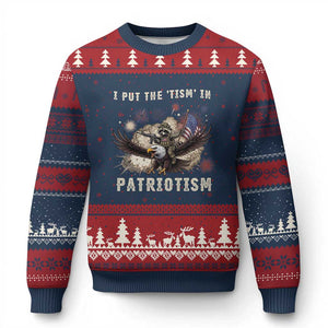 I Put The Tism in Patriotism Ugly Christmas Sweater Retro Eagle Raccoon USA Flag