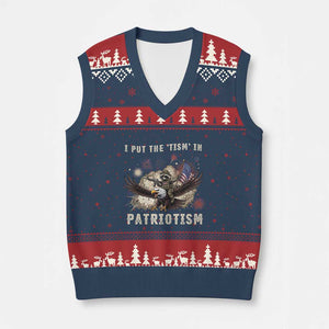 I Put The Tism in Patriotism V-Neck Knit Sweater Vest Retro Eagle Raccoon USA Flag