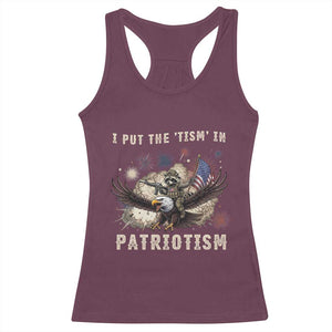 I Put The Tism in Patriotism Racerback Tank Top Retro Eagle Raccoon USA Flag