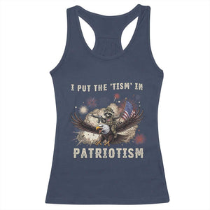 I Put The Tism in Patriotism Racerback Tank Top Retro Eagle Raccoon USA Flag